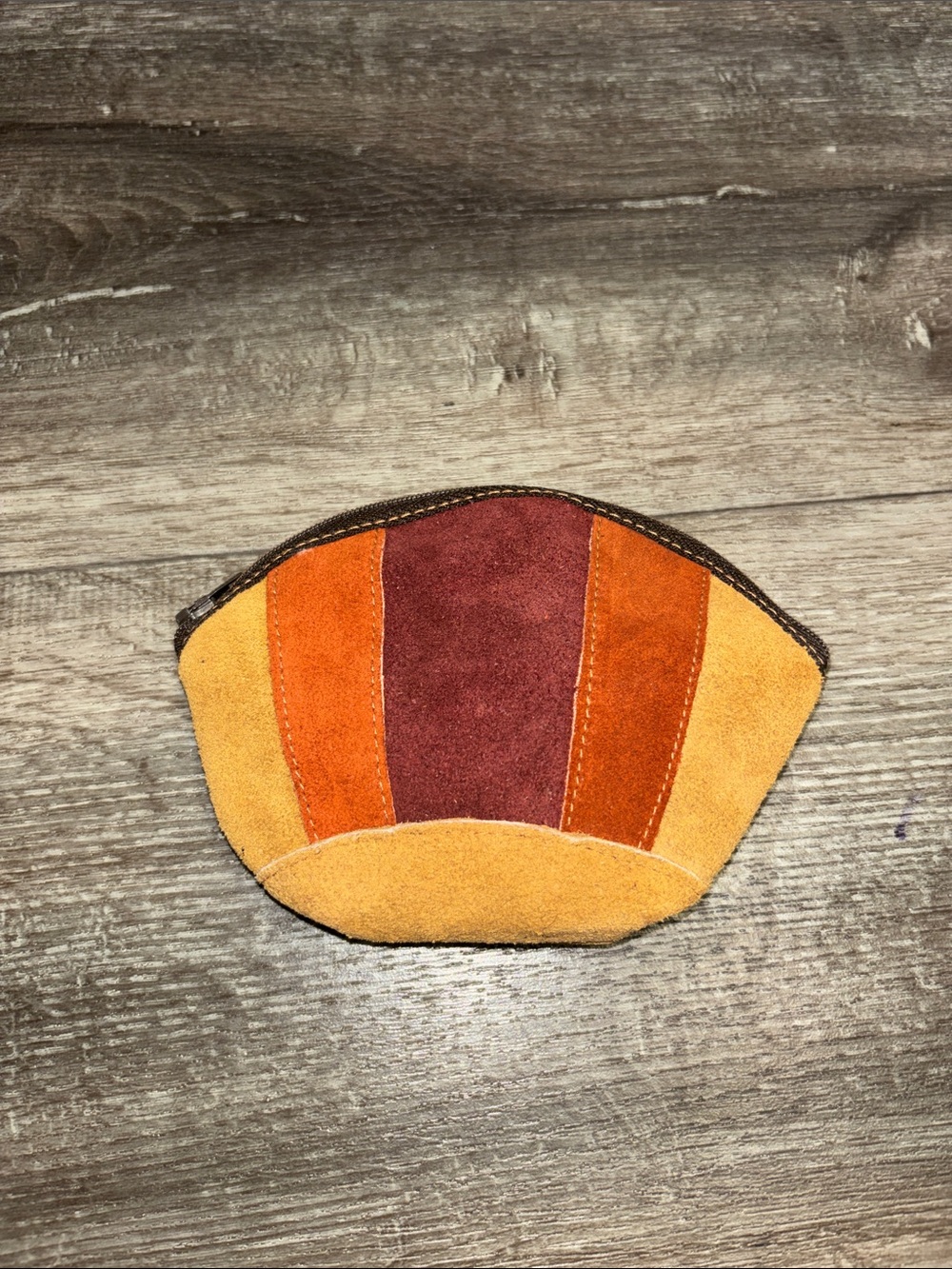 Vintage Suede Colorblock Coin Pouch in Mustard, Orange & Burgundy - Picture 1 of 6